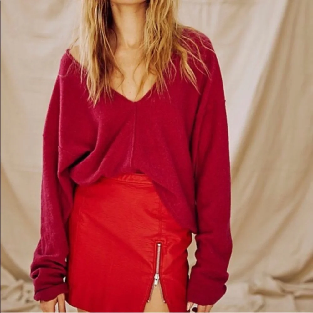 Free People Bright Pink V-Neck Sweater